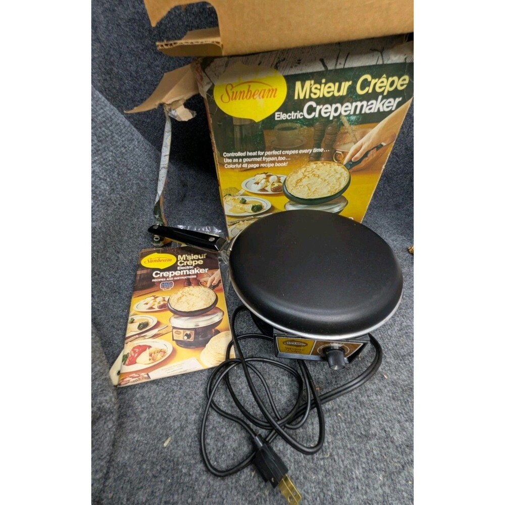 Vintage Sunbeam M’sieur Crepe Crepemaker 30-10 Tested Working Box Recipe Book